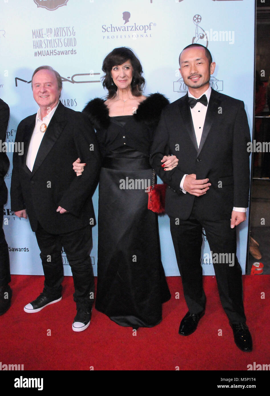 Los Angeles, California, USA. 24th February, 2018. (L-R) Hair stylists Tom Opitz and Audrey Futterman-Stern and Makeup artist Koji Ohmura attend the 2018 Make-up and Hair Stylists Guild Awards at The Novo on February 24, 2018 in Los Angeles, California. Photo by Barry King/Alamy Live News Stock Photo