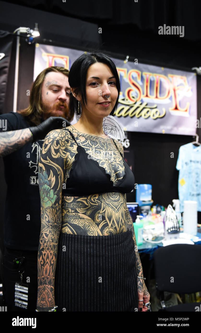 Brighton Uk 25th February 2018 Charlotte Muscat From London Gets A Full Body Tattoo From John Fowler At The 11th Annual Brighton Tattoo Convention Held In The Brighton Centre Over The