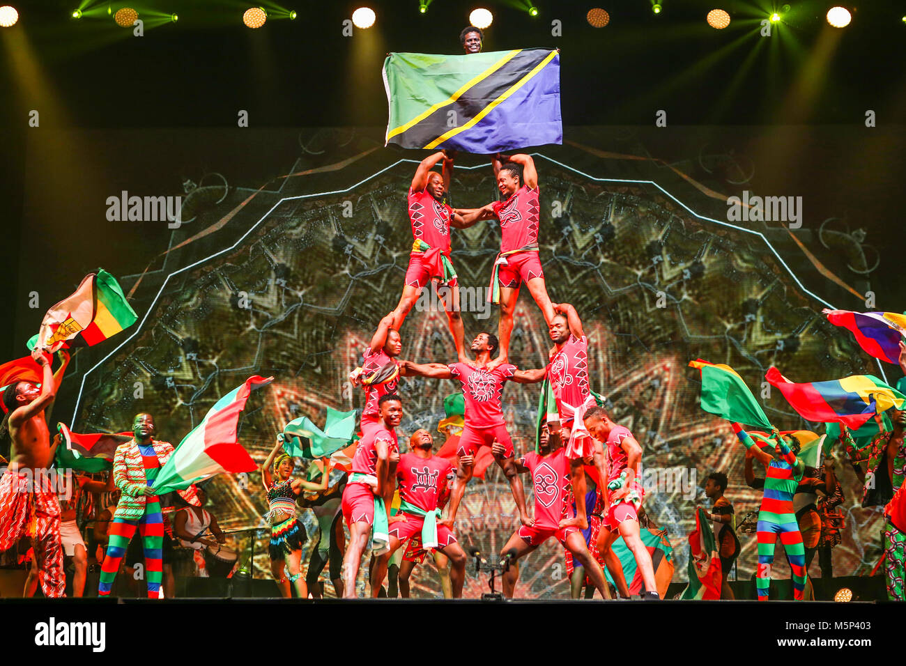 Wetzlar, Rittal-Arena, Germany. 24th Feb, 2018. Afrika! Afrika! African Circus Show, based on an idea by André Heller, new production by Georges Momboye (director, choreography), presented by Show Factory and Semmel Concerts. Here: Finale of the show. Credit: Christian Lademann Stock Photo