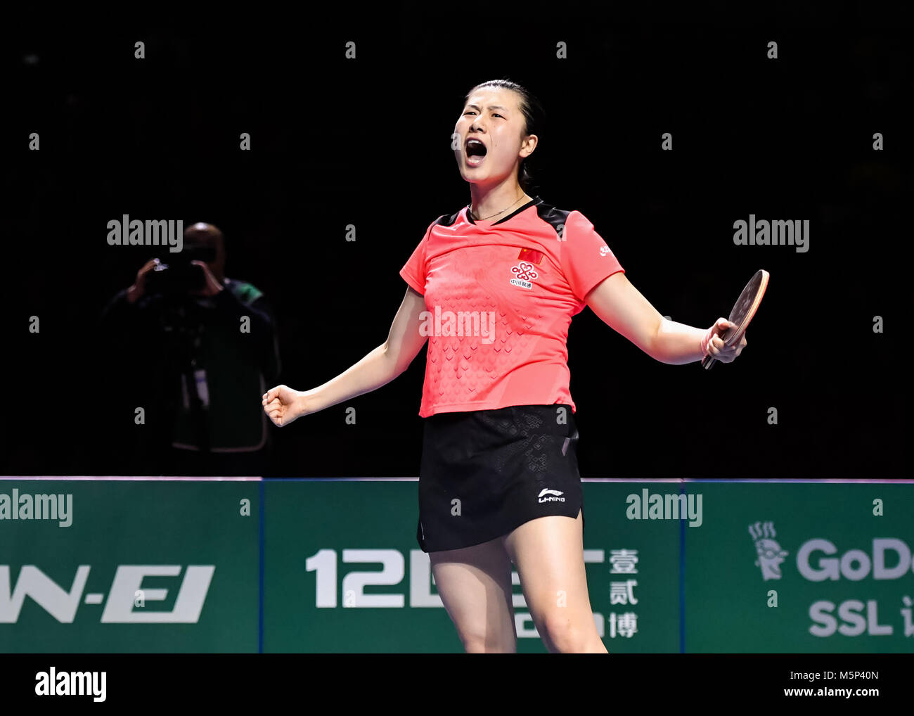 London, UK. 25th February, 2018. Ding Ning of China celebrates winning ...