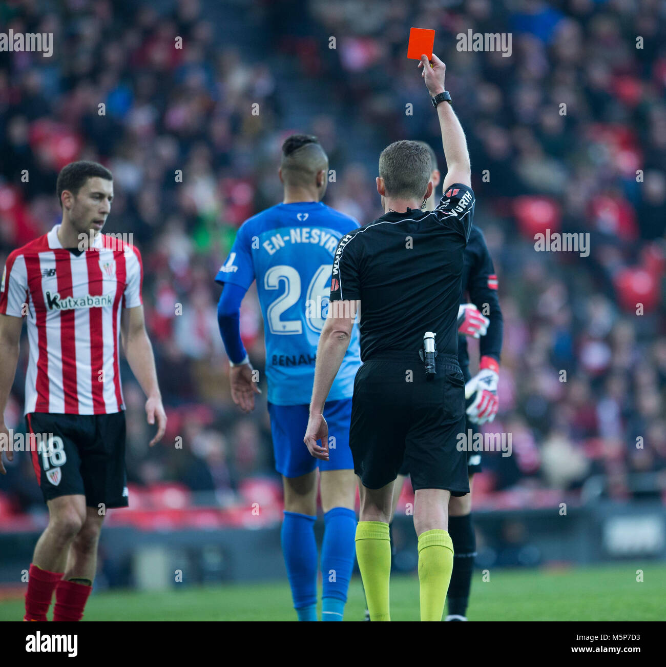 (26) Youssef En Nesyri red card during the Spanish La Liga soccer match between Athletic Club Bilbao and Malaga C.F, at San Mames stadium, in Bilbao, northern Spain, Sunday, February,25, 2018. Stock Photo