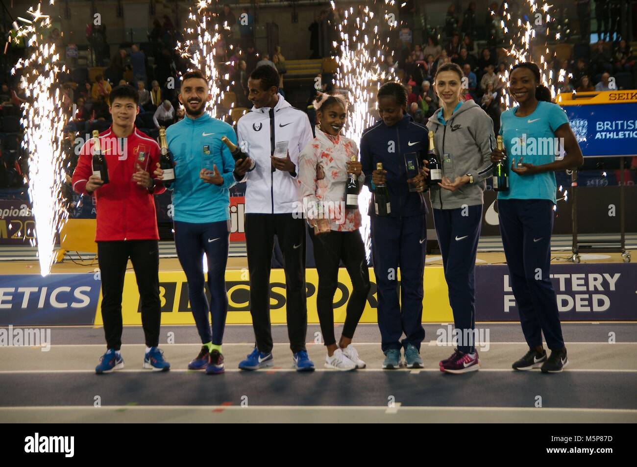 Glasgow, Scotland, 25 February 2018. The overall winners of the IAAF World Indoor Tour with their awards in Glasgow. L-R Bingtain Su, 60m, Adam Keczot, 800m, Yousif Keljecha, 3000m, Christina Manning, 60m Hurdles, Beatrice Chepkoech, 1500m, Mauyia Lasitkene, High Jump, Sostene Moguenara, Long Jump, Credit: Colin Edwards/Alamy Live News. Stock Photo