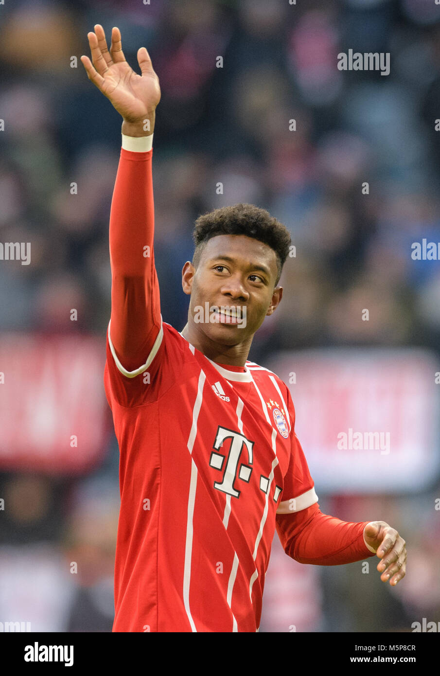 24 Febuary 2018, Germany, Munich: German Bundesliga soccer match between Bayern Munich and Hertha BSC, Allianz Arena. Bayern's David Alaba thanks fans after the end of the game. Photo: Matthias Balk/dpa - Nutzung nur nach vertraglicher Vereinbarung Stock Photo