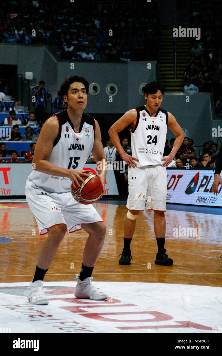 Philippines. 25th Feb, 2018. Joji Takeuchi (15) prepares to shoot a free throw during the qualifying game at the MOA Arena. The Philippine and Japanese basketball team met at the hardcourt of the Mall of Asia Arena in Pasay City, for the FIBA World Cup 2019 Asian Qualifiers. The Philippines won over Japan, 89-84. Credit: J Gerard Seguia/ZUMA Wire/Alamy Live News Stock Photo