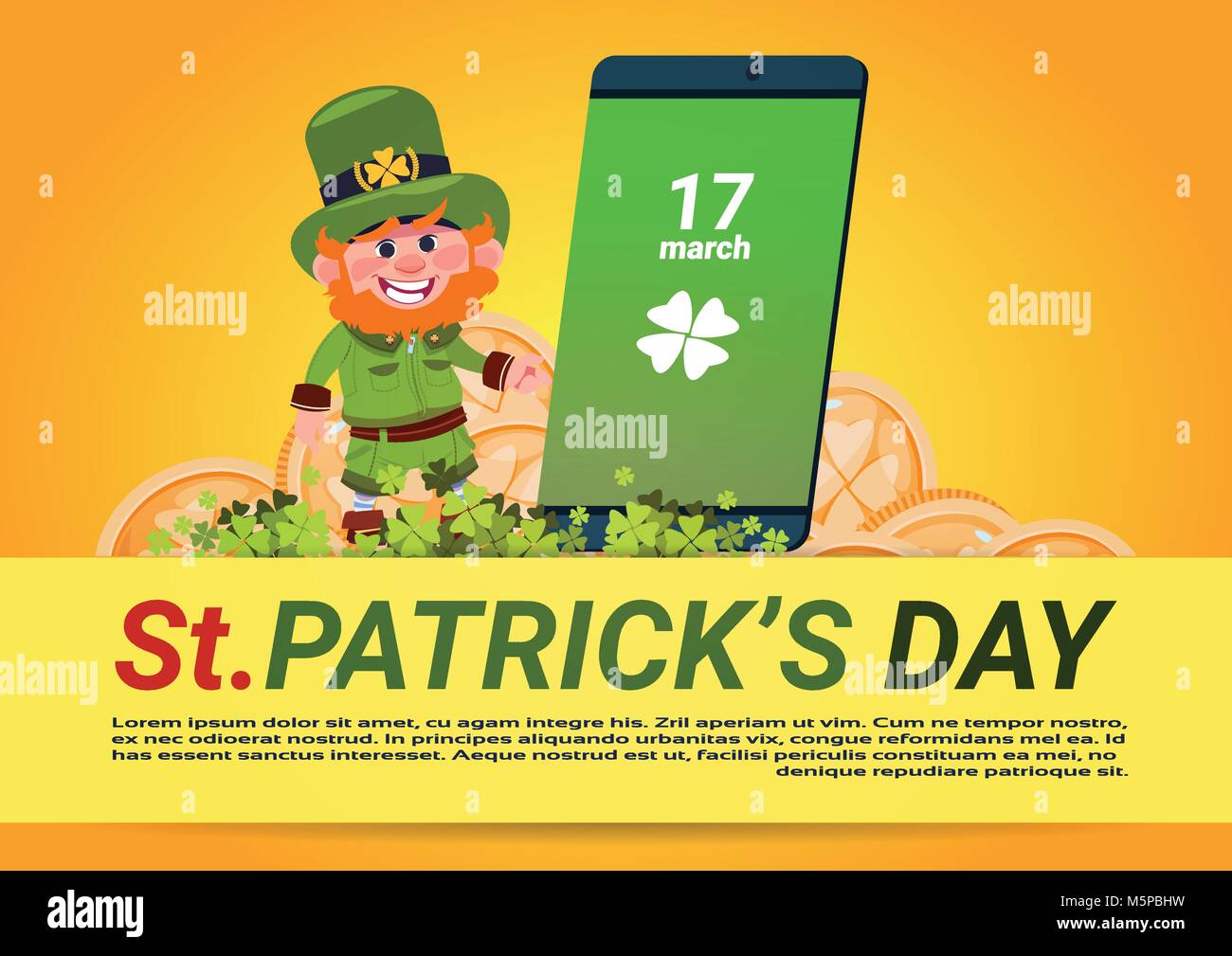 St. Patricks Day Background Template Leprechaun Man Over Green Smart Phone Stock Vector