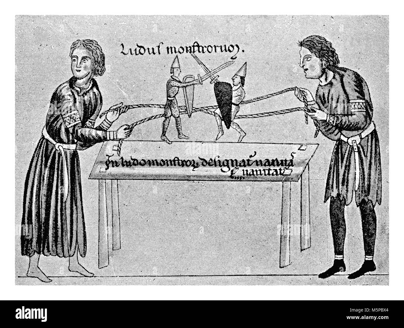 Young fashionable nobles playing with warrior puppets, XIII century illustration Stock Photo