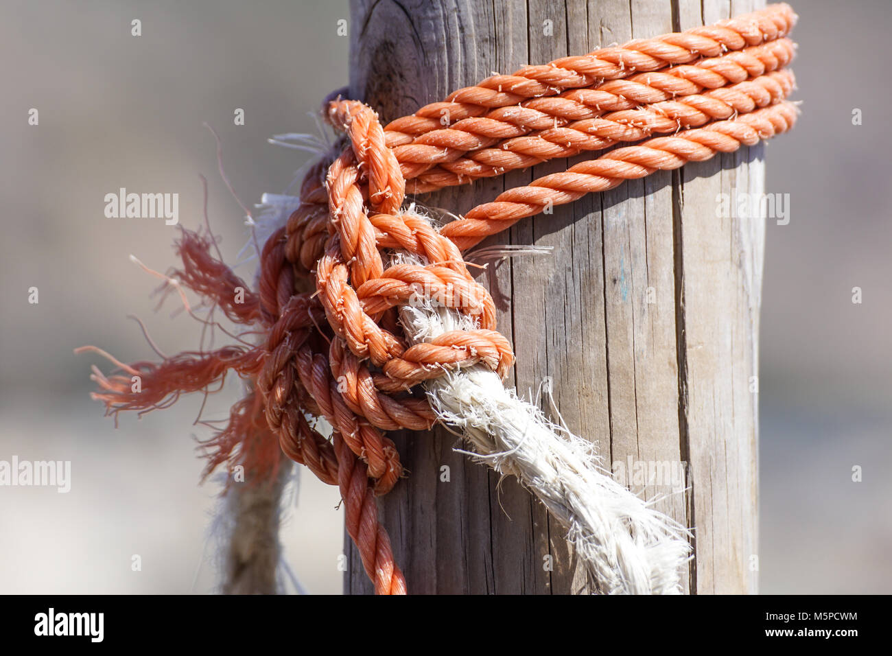 Fragment of nautical rope fence with weathered wooden Stock Photo Alamy