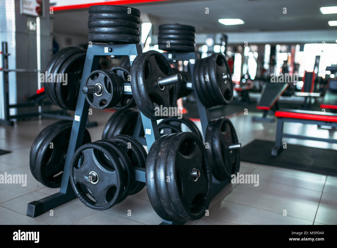 Weights for a bar, sport equipment in gym, fitness club interior