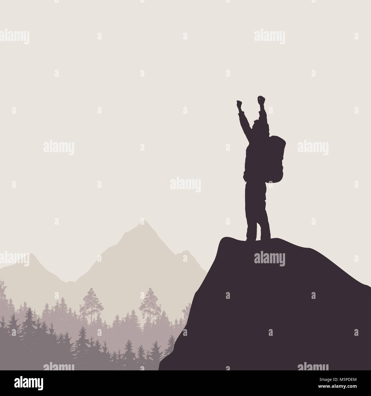 Standing On Rocks Vector A tourist with a backpack standing on top of a rock rejoicing in ...