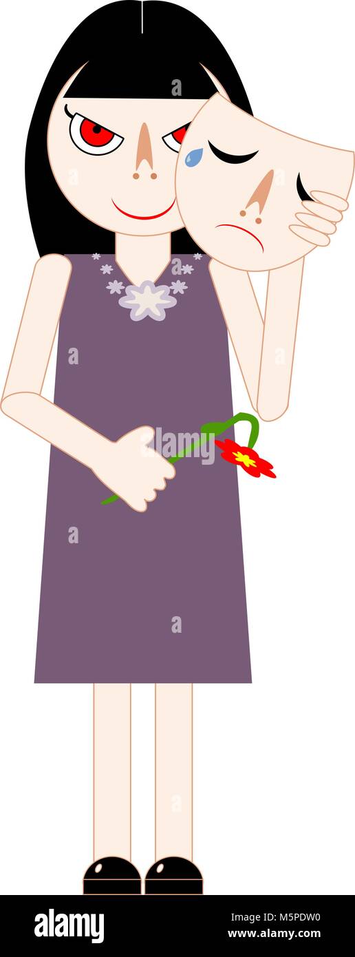 Woman holding a withered flower, pretending to cry, and hiding her tricky face behind a sad emotional mask. Stock Vector