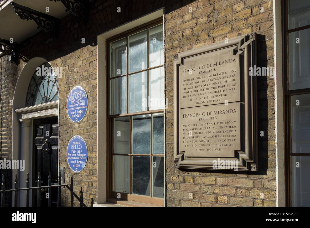Francisco De Miranda and Andres Bello blue plaques outside Francisco de Miranda House on Grafton Way, London, NW1, UK Stock Photo