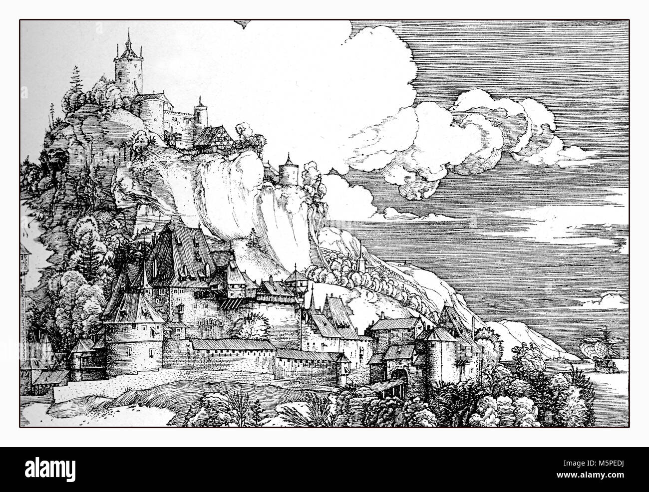 German medieval landscape with castle, reproduction from an engraving of Albrecht Duerer, XVI century Stock Photo