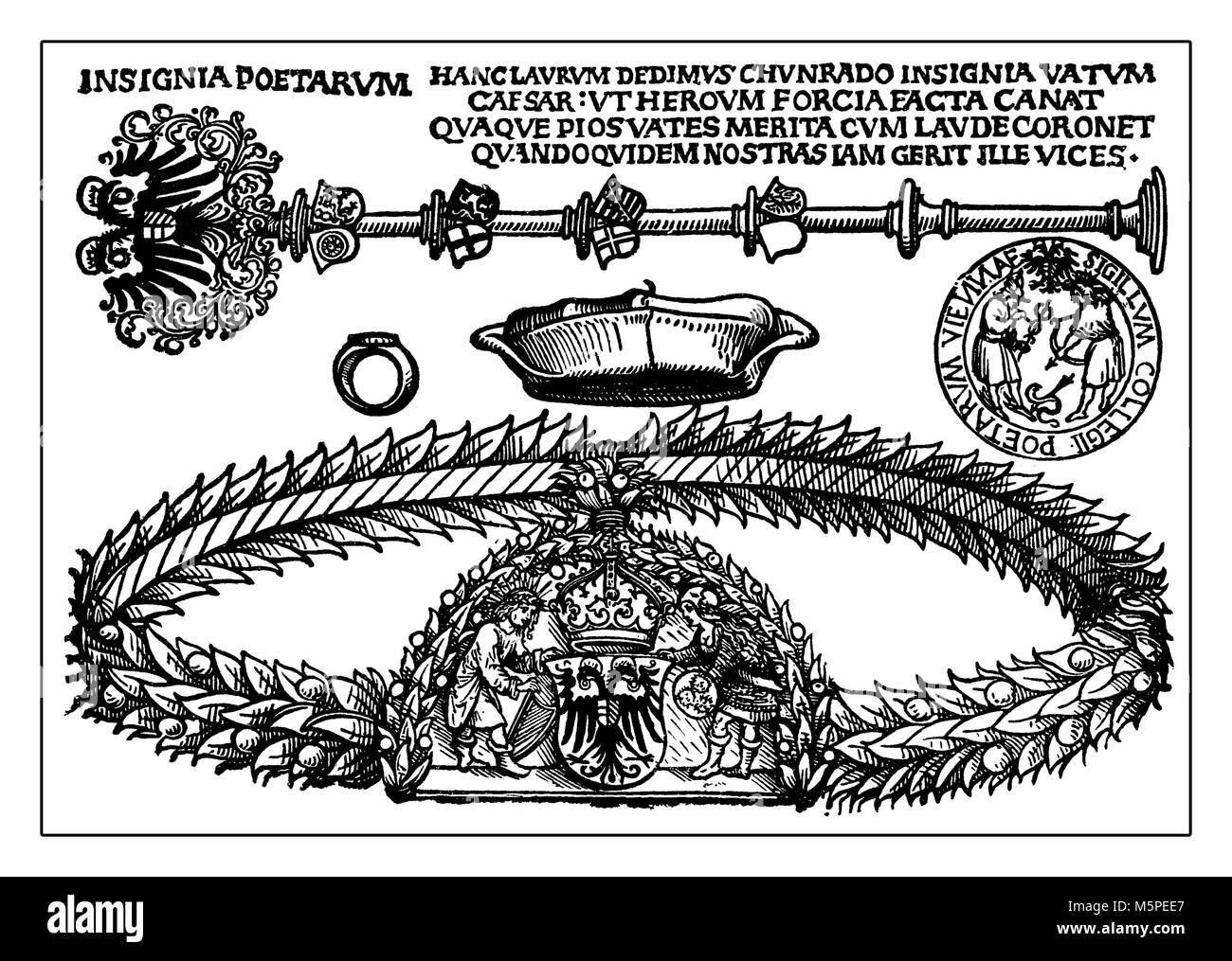 Royal court poet insignia, reproduction from Albrecht Duerer engraving, Germany  XV century Stock Photo