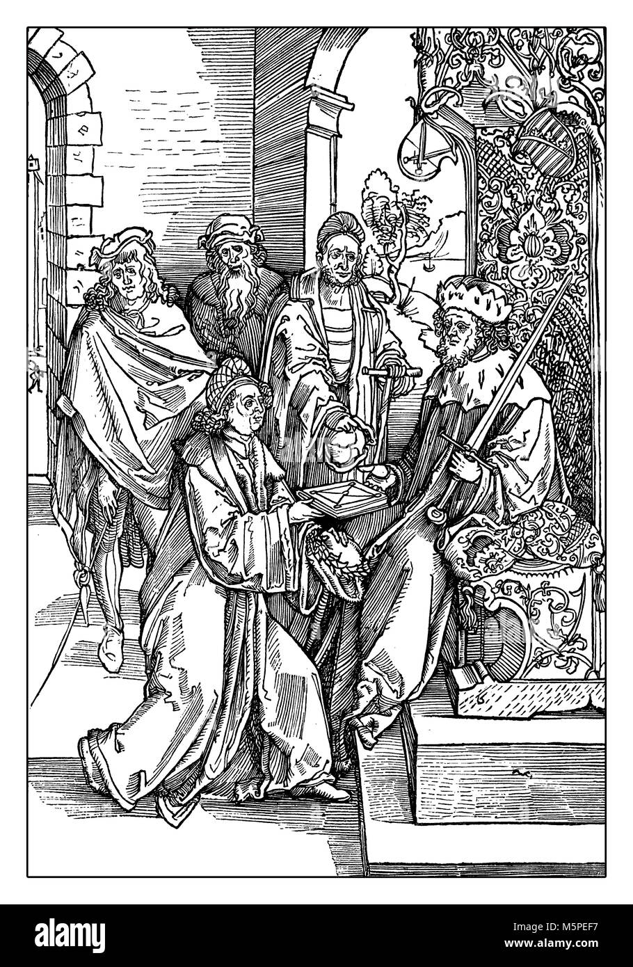 Poet and humanist scholar Conrad Celtis offers his works to Holy Roman Emperor Friedrich III, reproduction from an engraving of Albrecht Duerer year 1501 Stock Photo