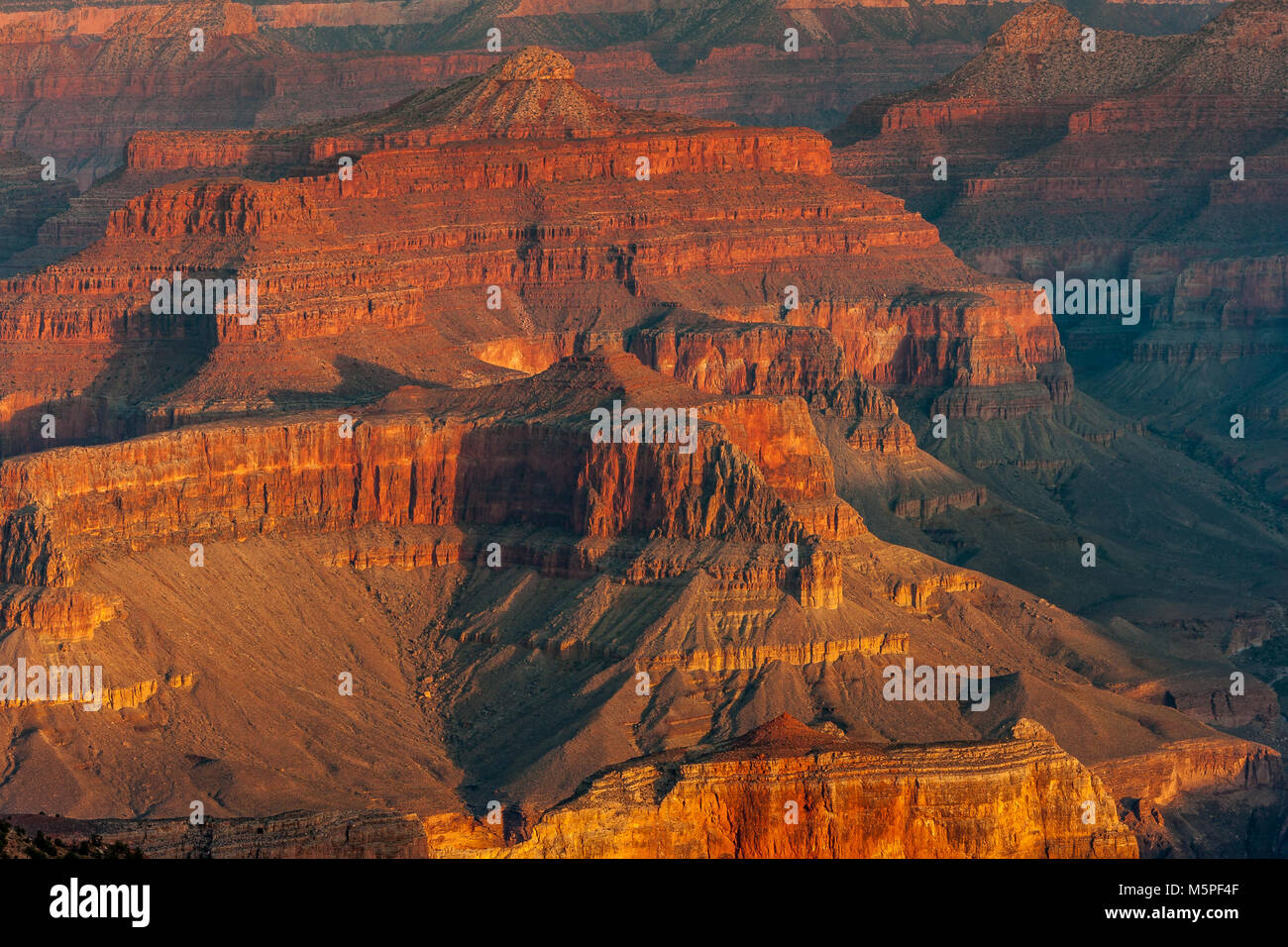Sunrise at The Grand Canyon, the rising sun picks out interesting rock formations near Yaki Point at The Canyon's South Rim, Arizona ,USA Stock Photo