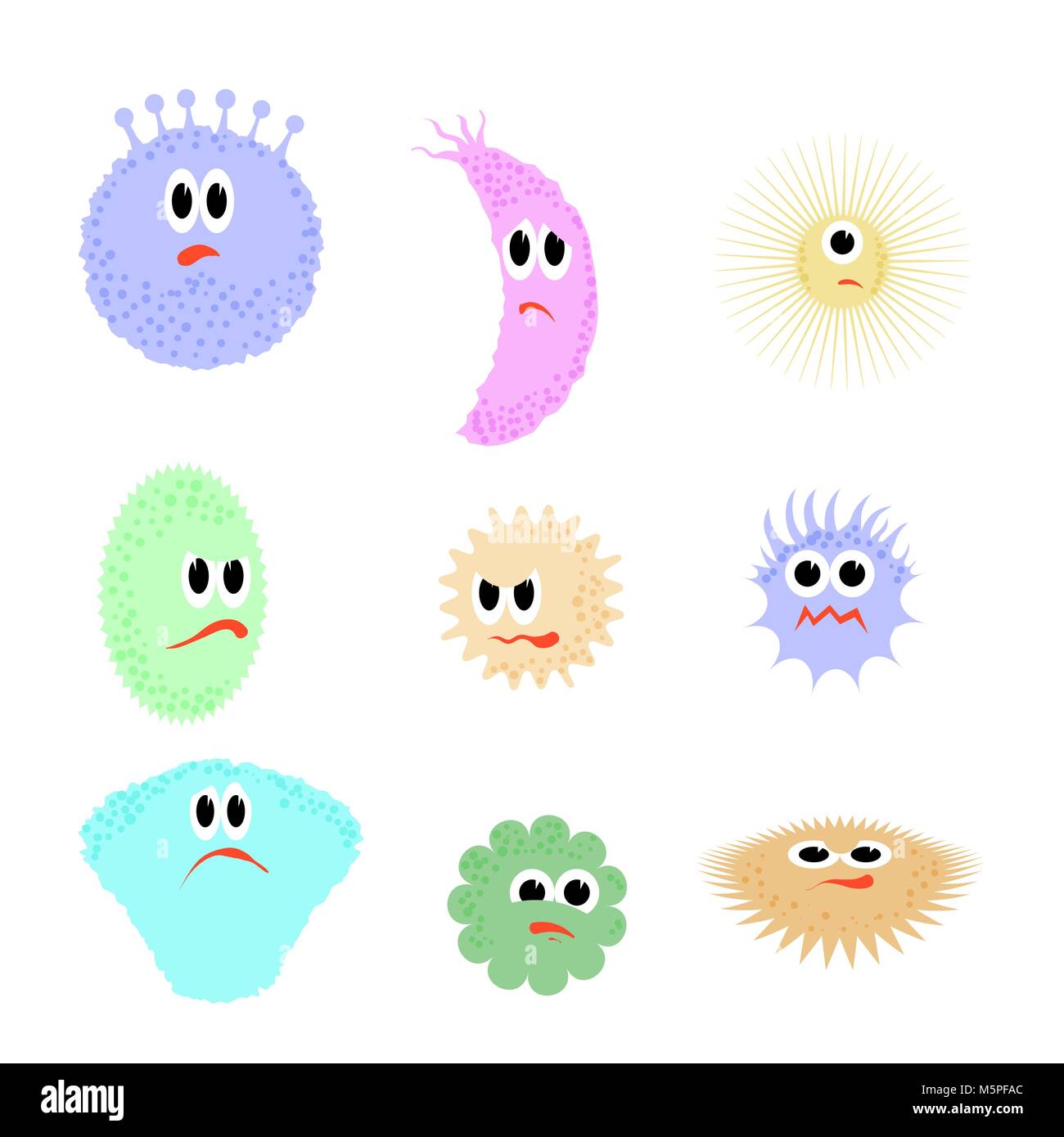 Cartoon Microbes. Pandemic Backteria. Dangerous Bad Viruses. Germs Backterial Mickroorganism. Bacterium Monsters Stock Vector