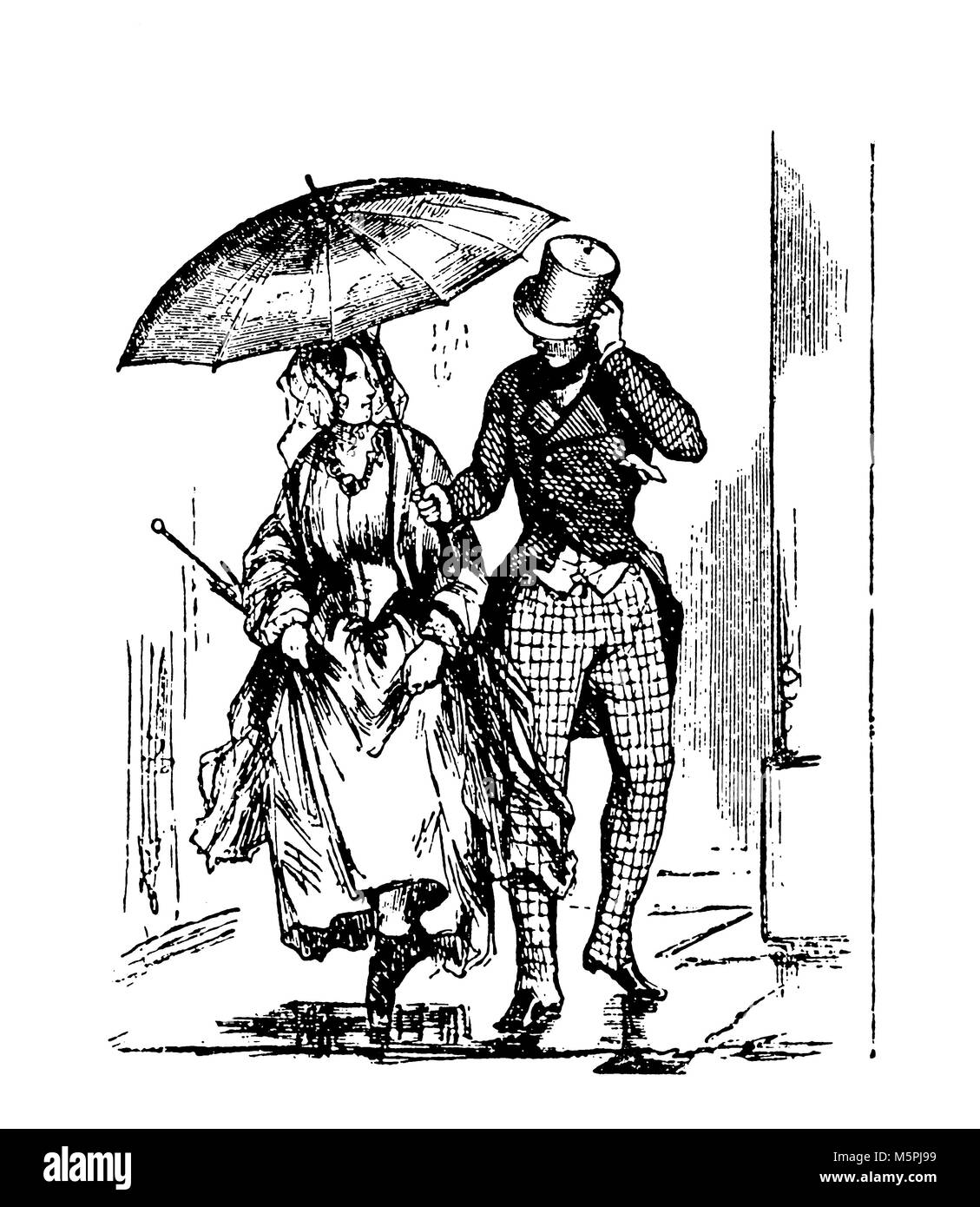 vintage engraving:  lady and  gentleman  outdoor  with raining weather, the man with top hat  holding an umbrella for the young woman Stock Photo