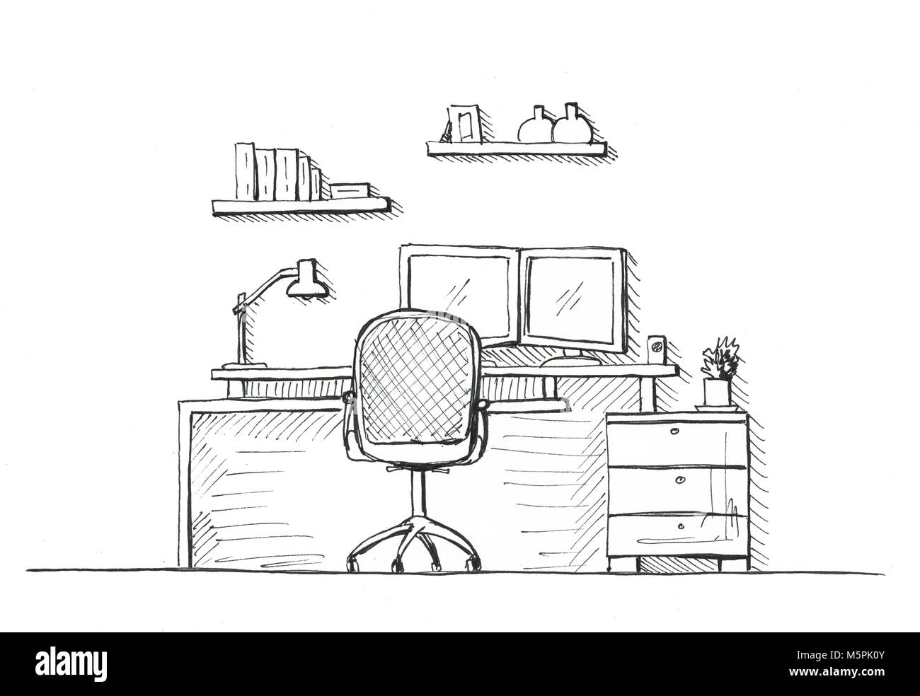 Hand Drawn The Room Office Chair Desk Various Objects On The