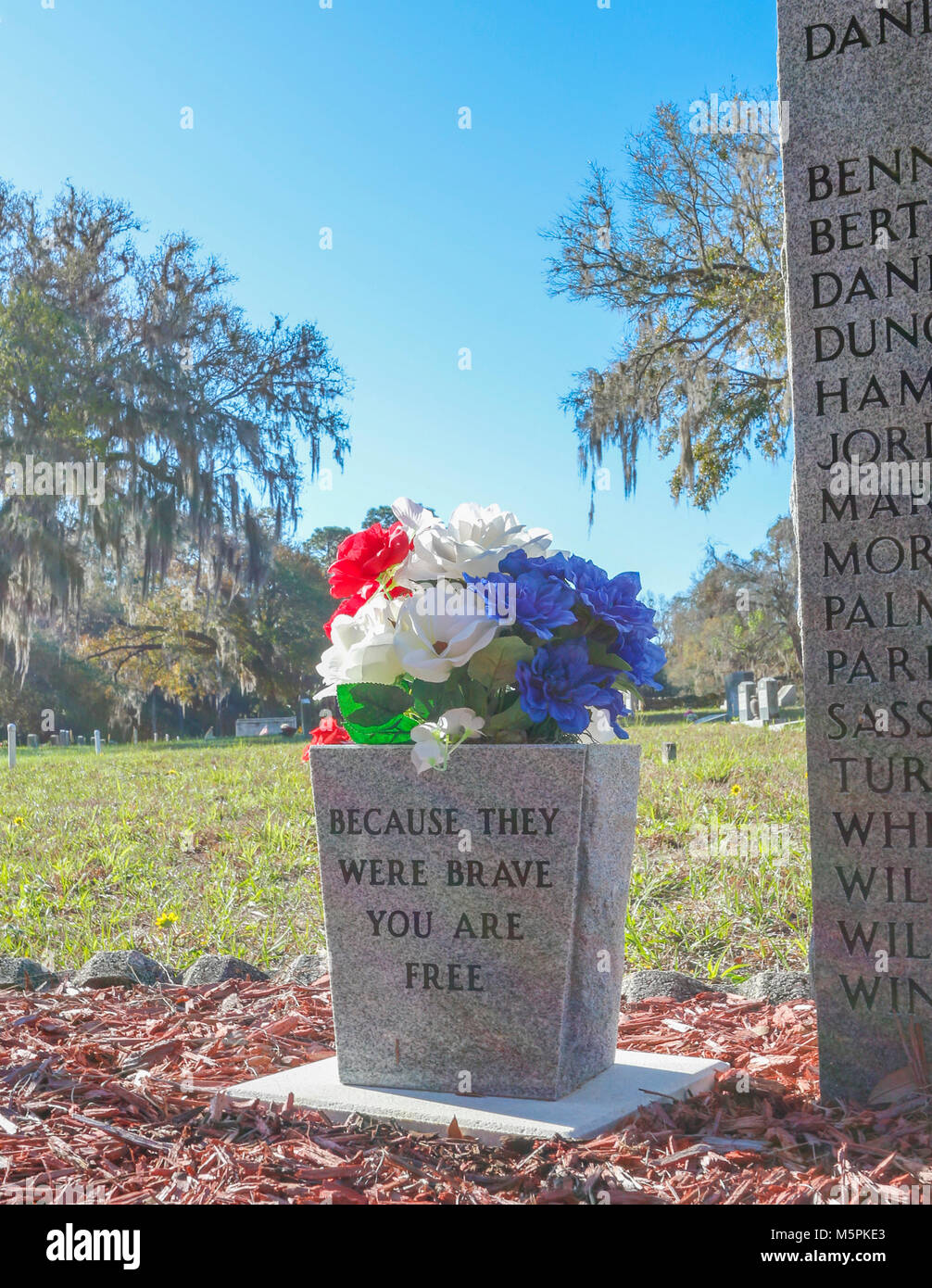 Historic Red Level cemetary in Florida. 'Because They Were Brave You Are Free' Stock Photo