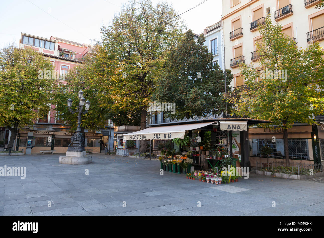 Granada, Spain: Flower shop in Plaza de Bib-Ramblas in the Centro Histórico. Stock Photo