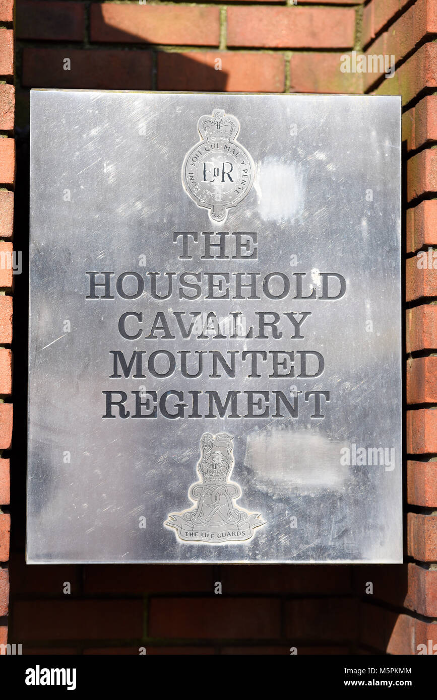 Household Cavalry Mounted Regiment sign Hyde Park Barracks located in Knightsbridge in central London, on the southern edge of Hyde Park Stock Photo