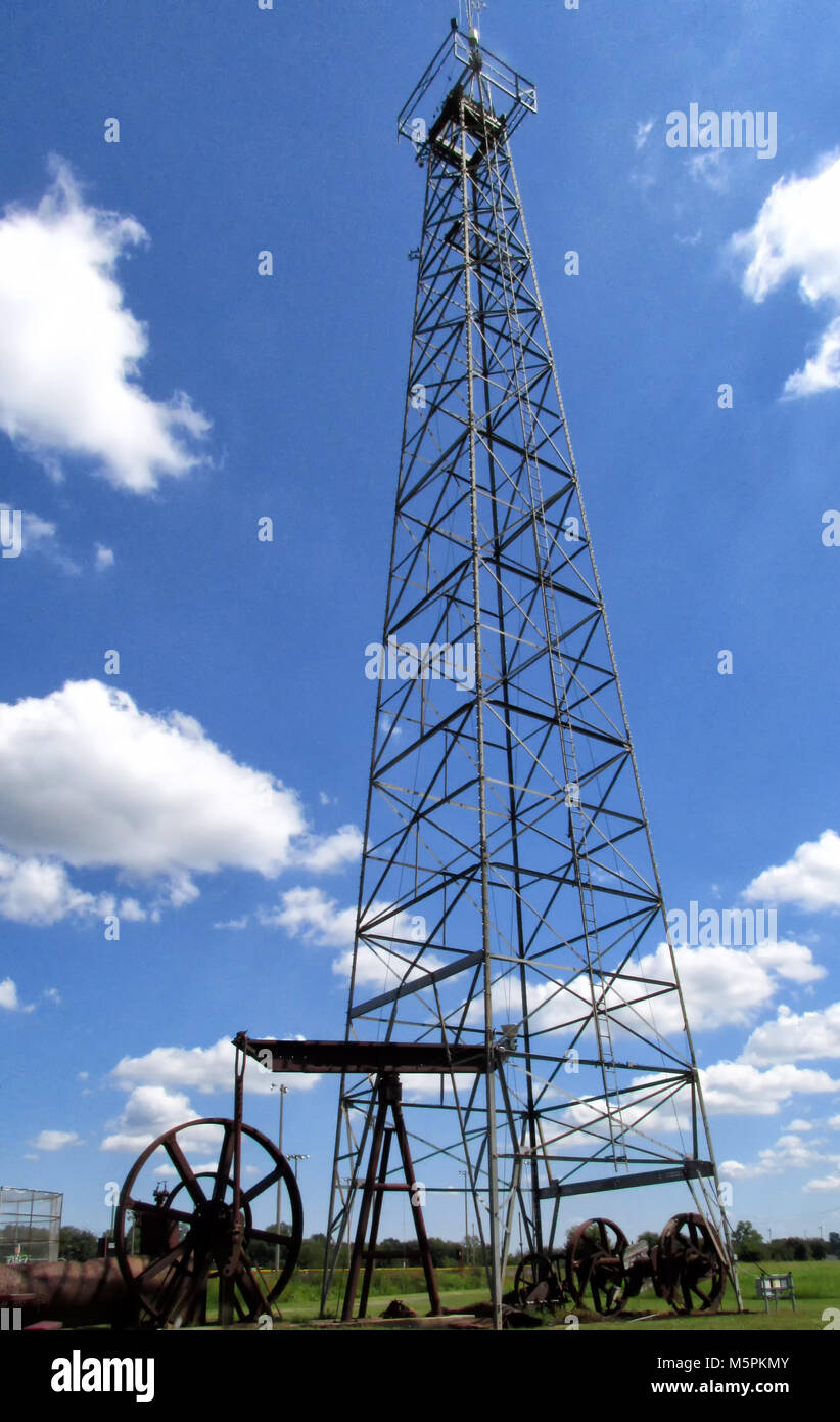 An oil derrick stands at the entrance to Boomtown Park in Seminole Oklahoma. Stock Photo