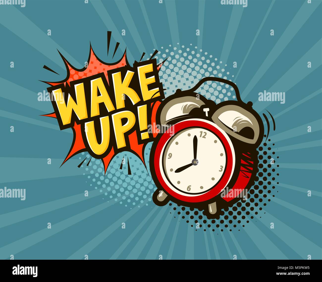 Wake up banner. Alarm clock in pop art retro comic style. Cartoon vector illustration Stock Vector