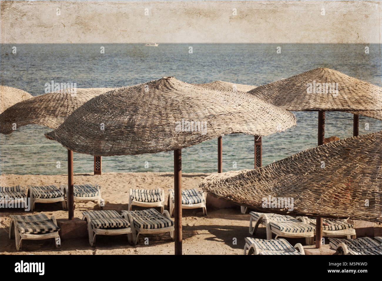 Artwork in vintage style; Sea landscape; beach umbrellas; Egypt; sharm el sheikh Stock Photo Alamy