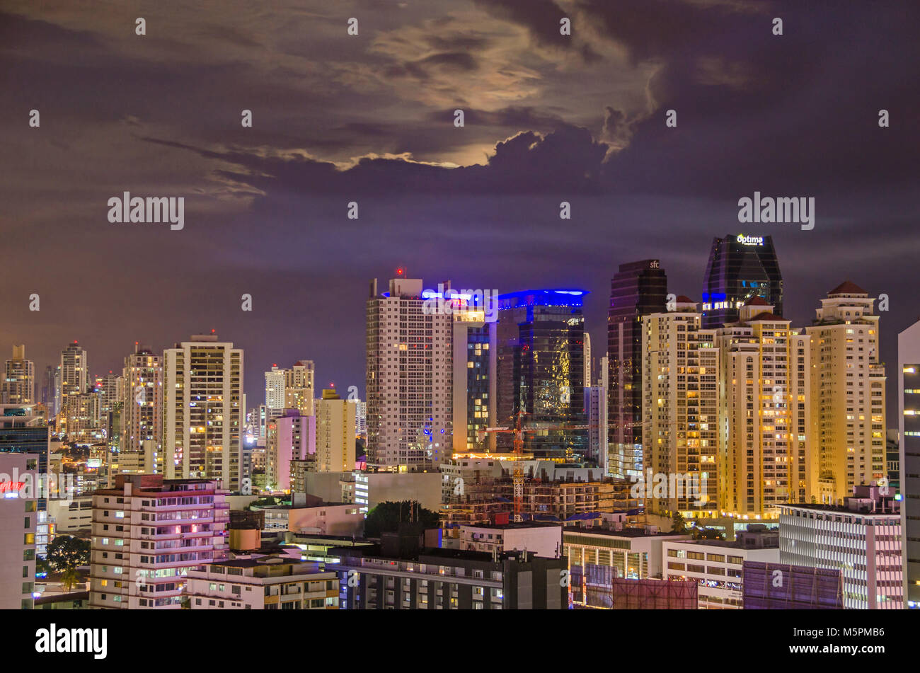 Panama City, Panama - November 4, 2017: Skyline of Panama City at night. View from the roof of the hotel Tryp by Windham. Stock Photo