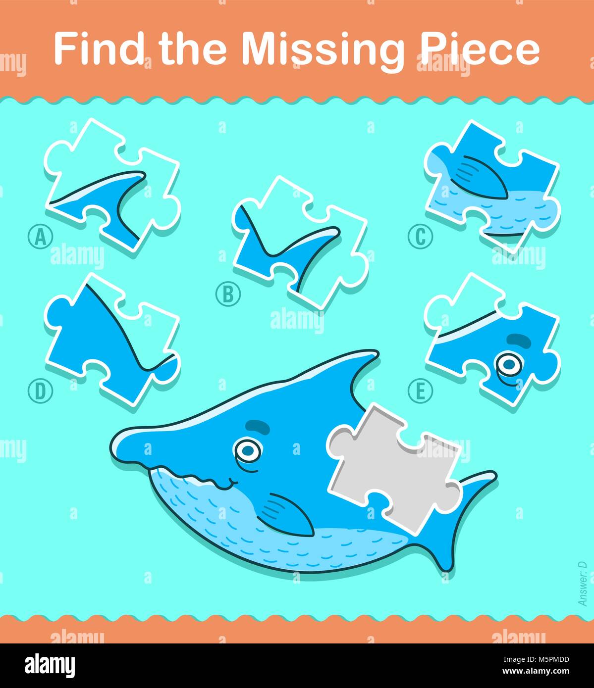 Kids puzzle game. Find the missing piece of the shark - vector illustration Stock Vector