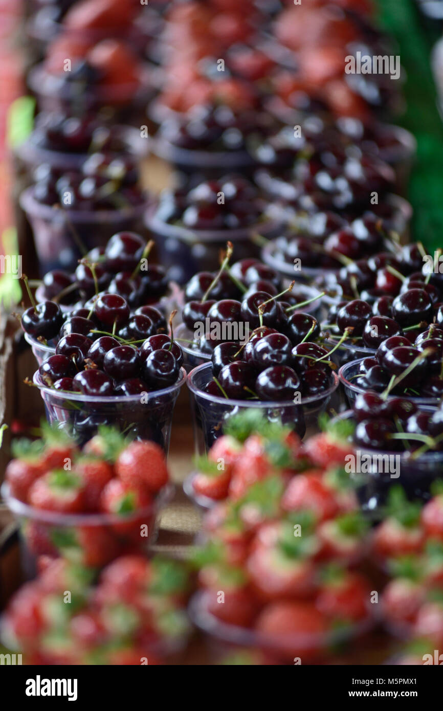 Cherries on sale, Fish Market - Fisketorget, Bergen, Norway Stock Photo