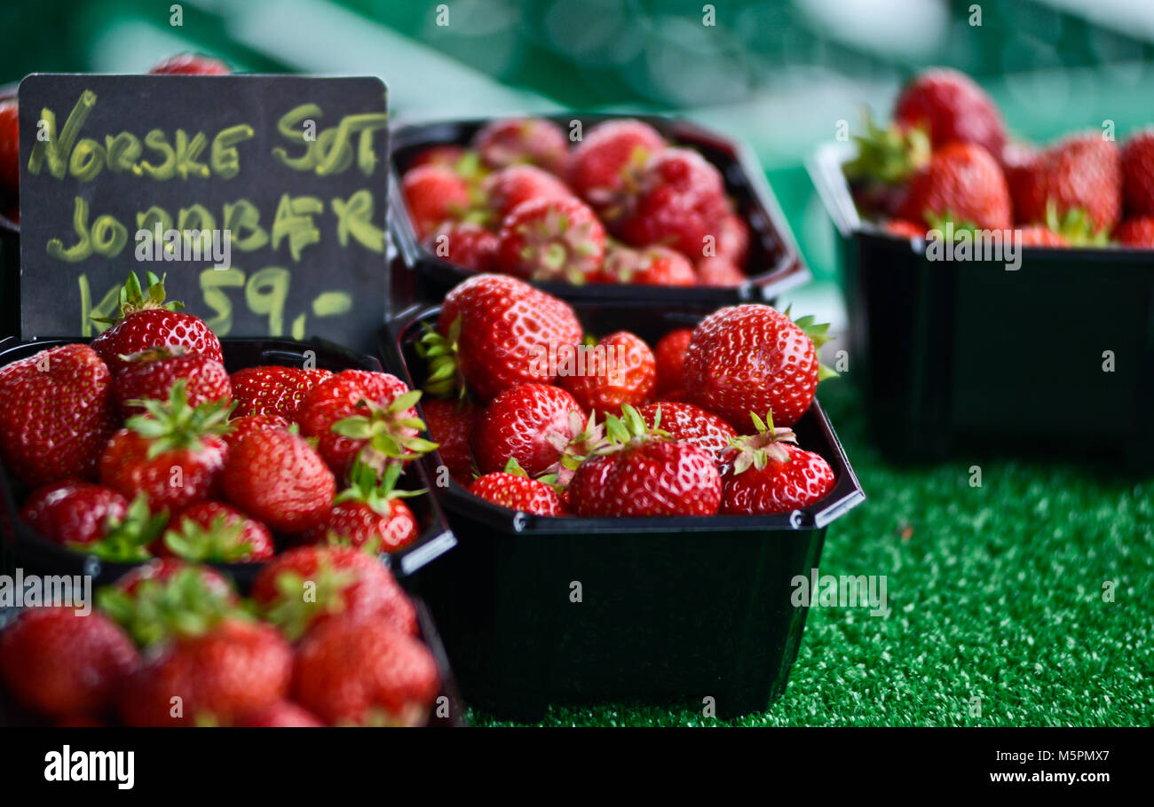 Strawberries on sale, Fish Market  - Fisketorget, Bergen, Norway Stock Photo