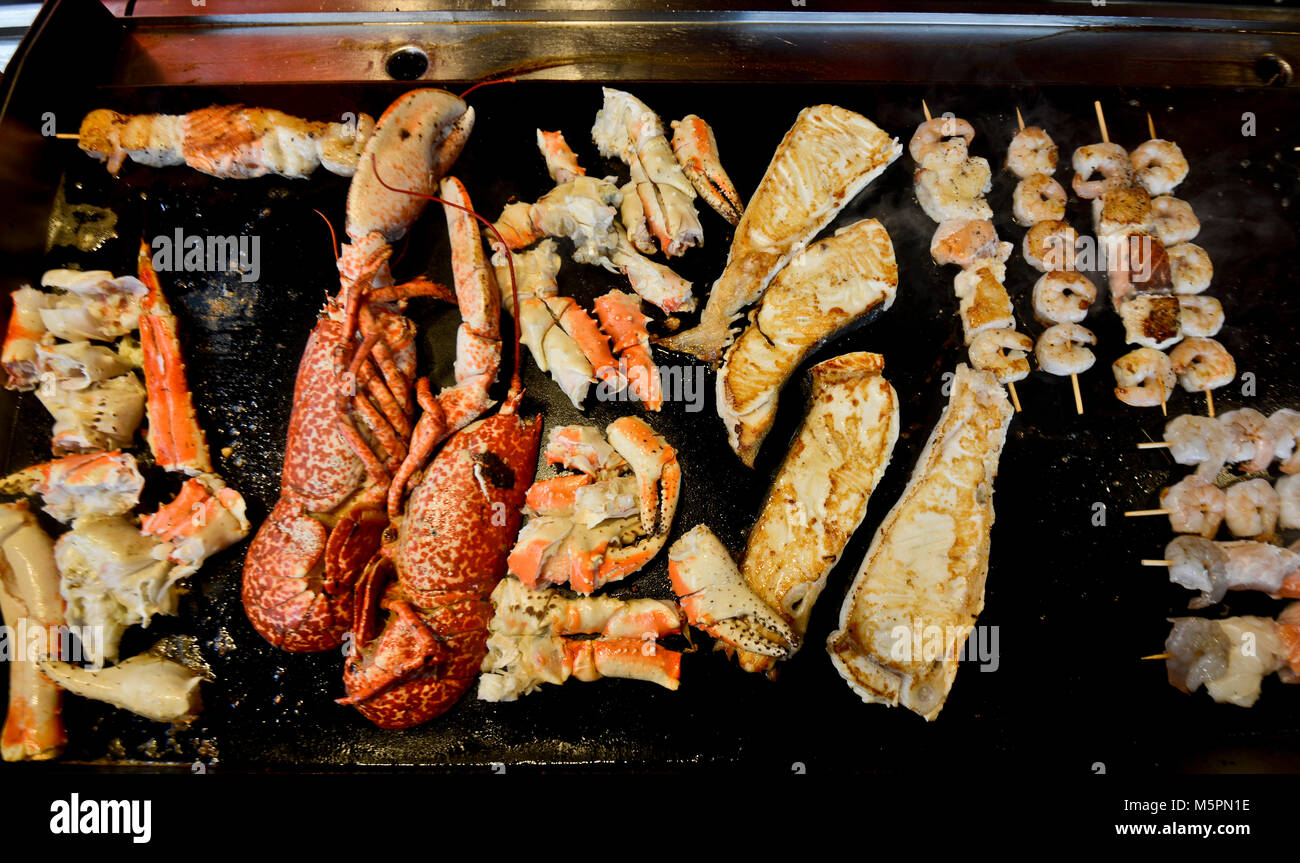 Seafood mix cooking, Fish Market - Fisketorget, Bergen, Norway Stock Photo