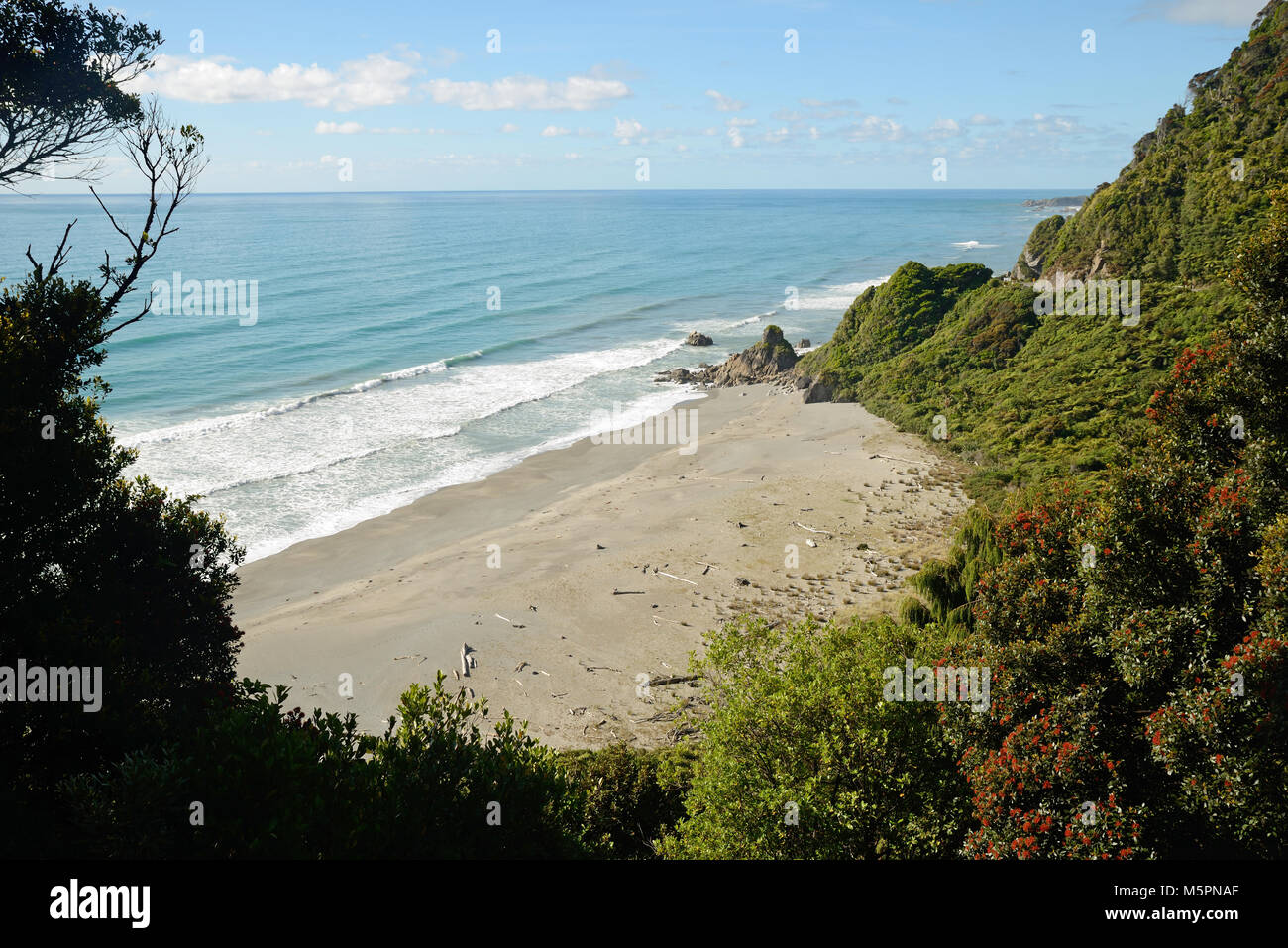 A view from the Coast Road on New Zealand's West Coast north of Greymouth, rated as one of the top ten scenic routes in the world. Stock Photo