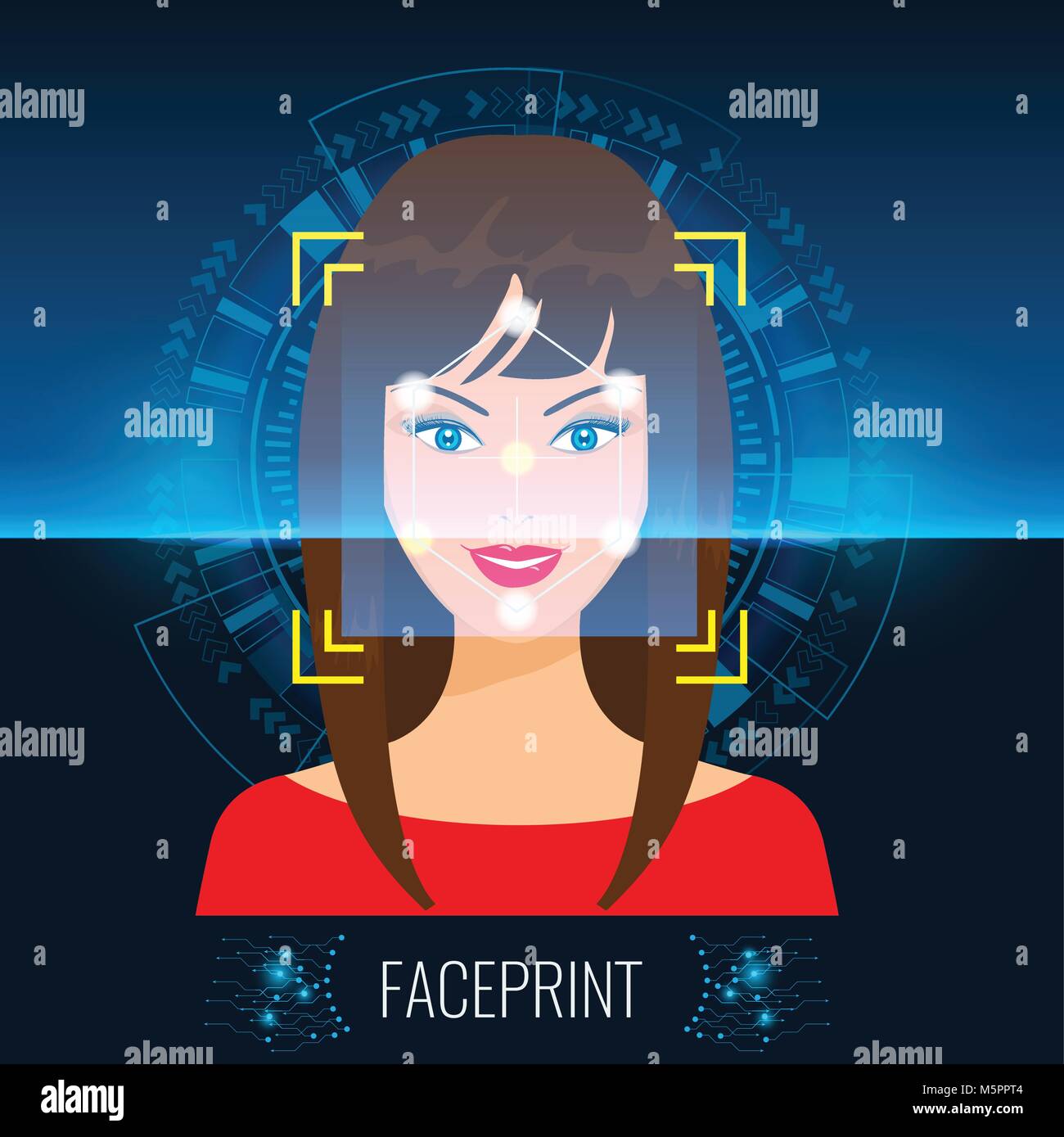 Vector Face Recognition or Faceprint technology scanning woman's face