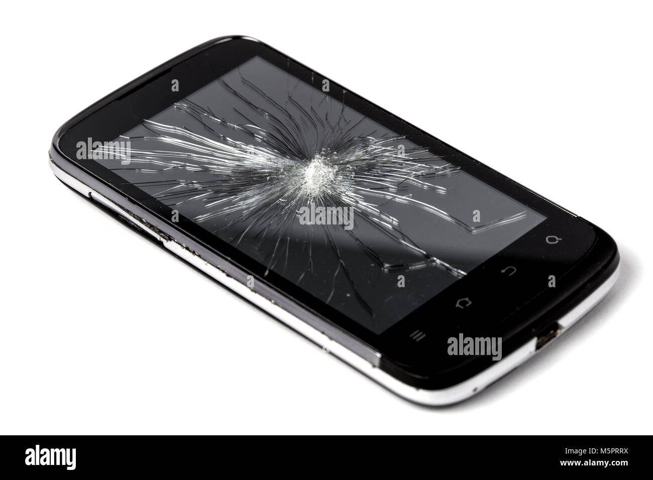 black broken phone screen, on white background, closeup photo Stock