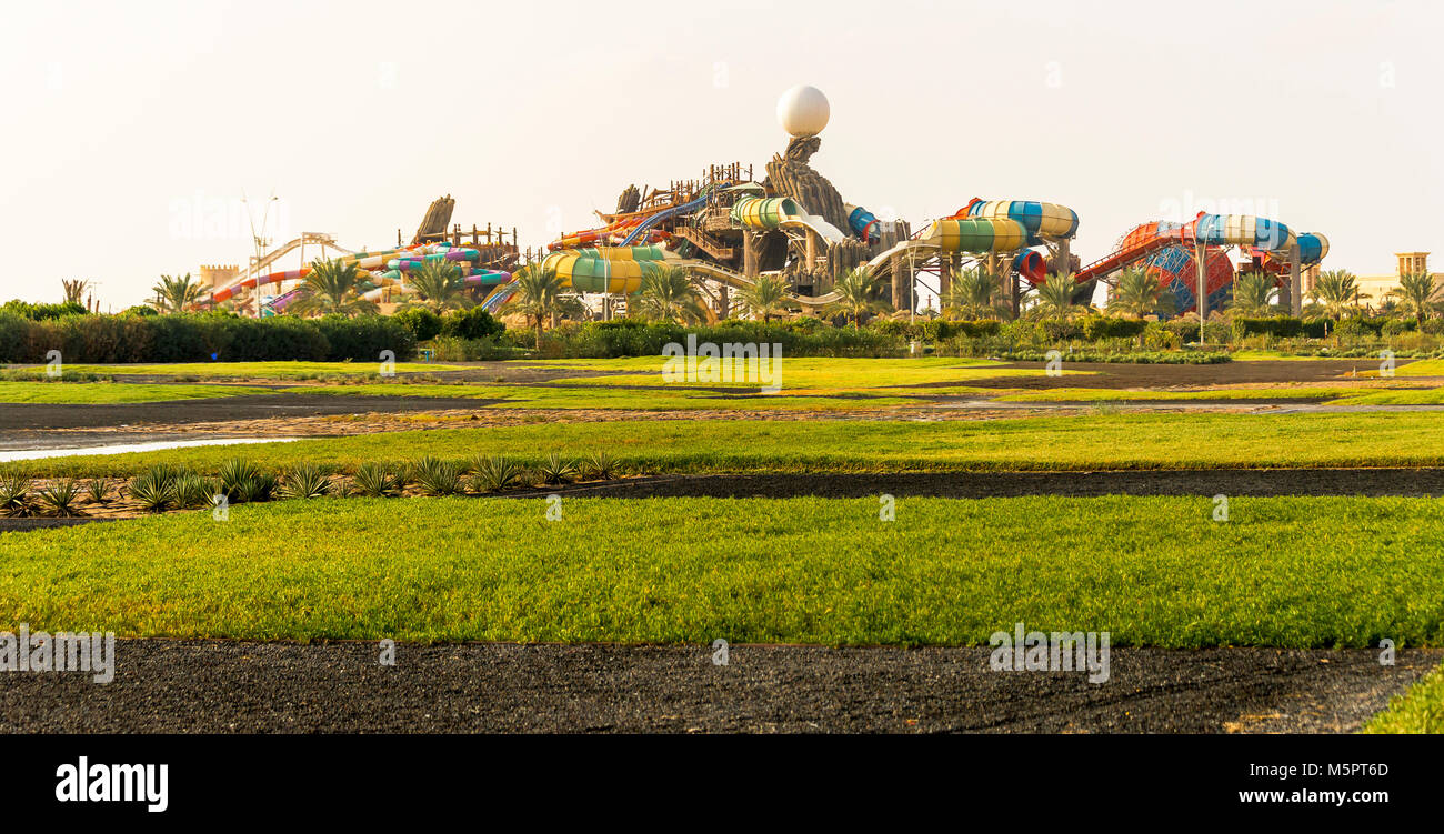 ABU DHABI, UNITED ARAB EMIRATES - DECEMBER 11: Yas Waterworld theme park on December 11, 2013 in Abu Dhabi, United Arab Emirates. Stock Photo