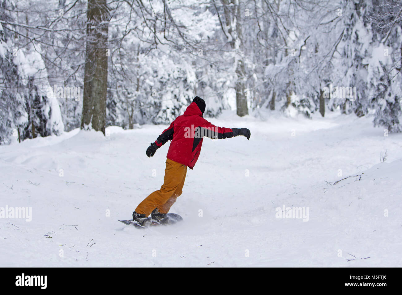Winter sport snowboarder at ski slopeand alps mountains landscape Stock Photo