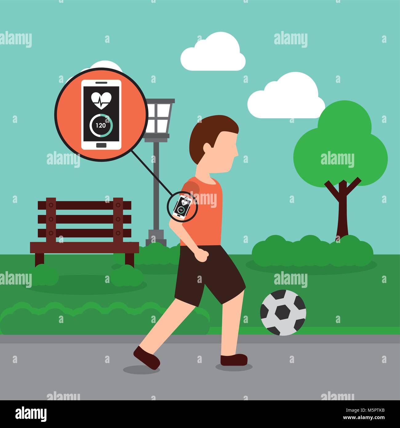young man with mobile app playing soccer ball in the park Stock Vector
