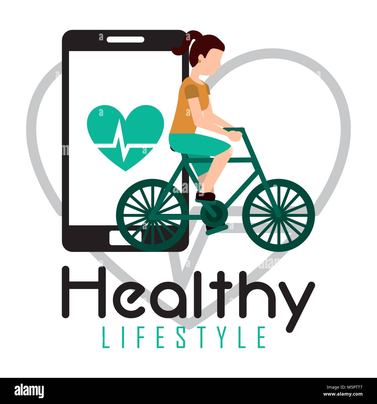 woman riding bike smartphone heart rate healthy lifestyle Stock Vector