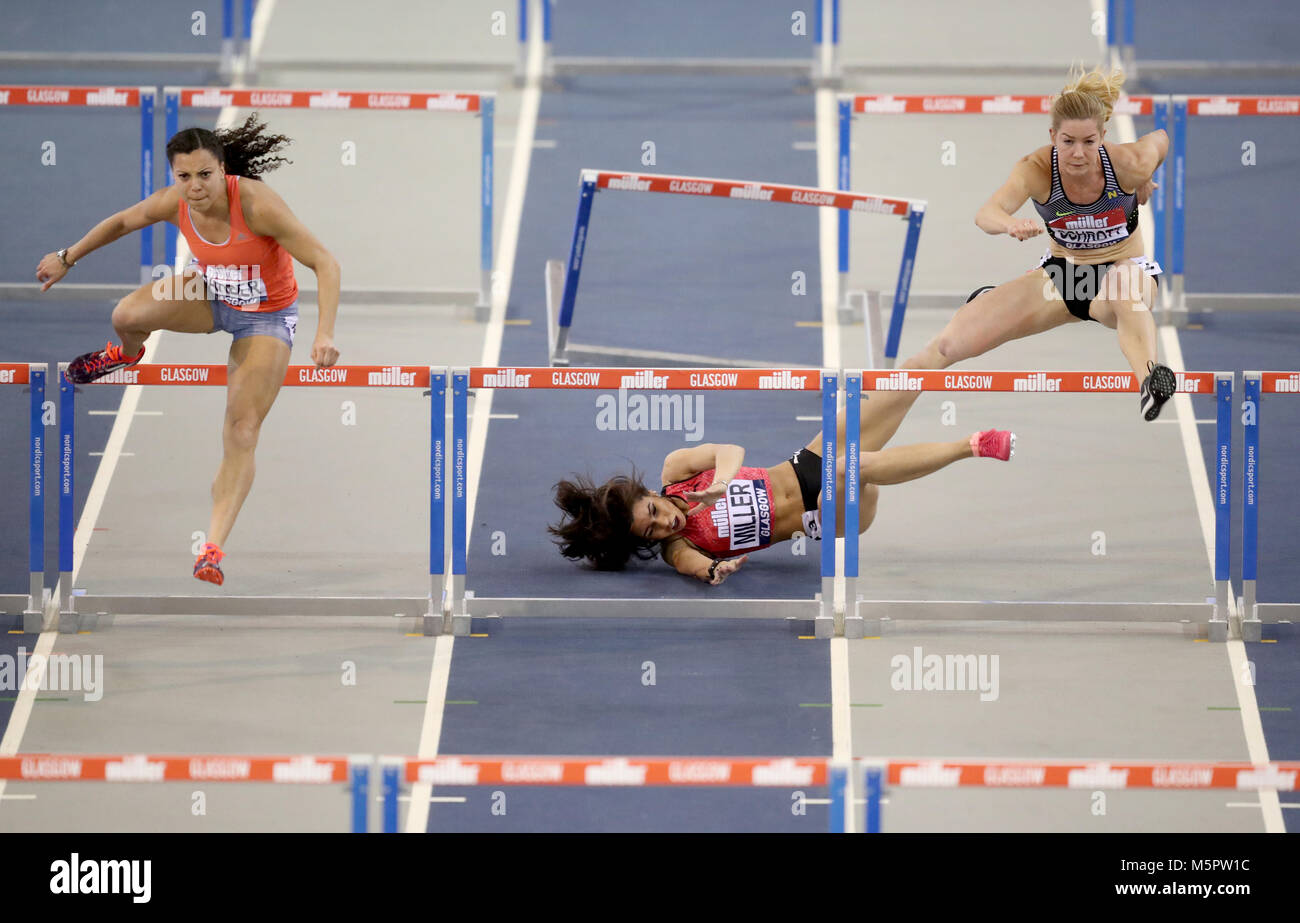 Great Britain's Yasmin Miller (centre) in the Women's 60 metres hurdles during the Muller Indoor Grand Prix at the Emirates Arena, Glasgow. Stock Photo