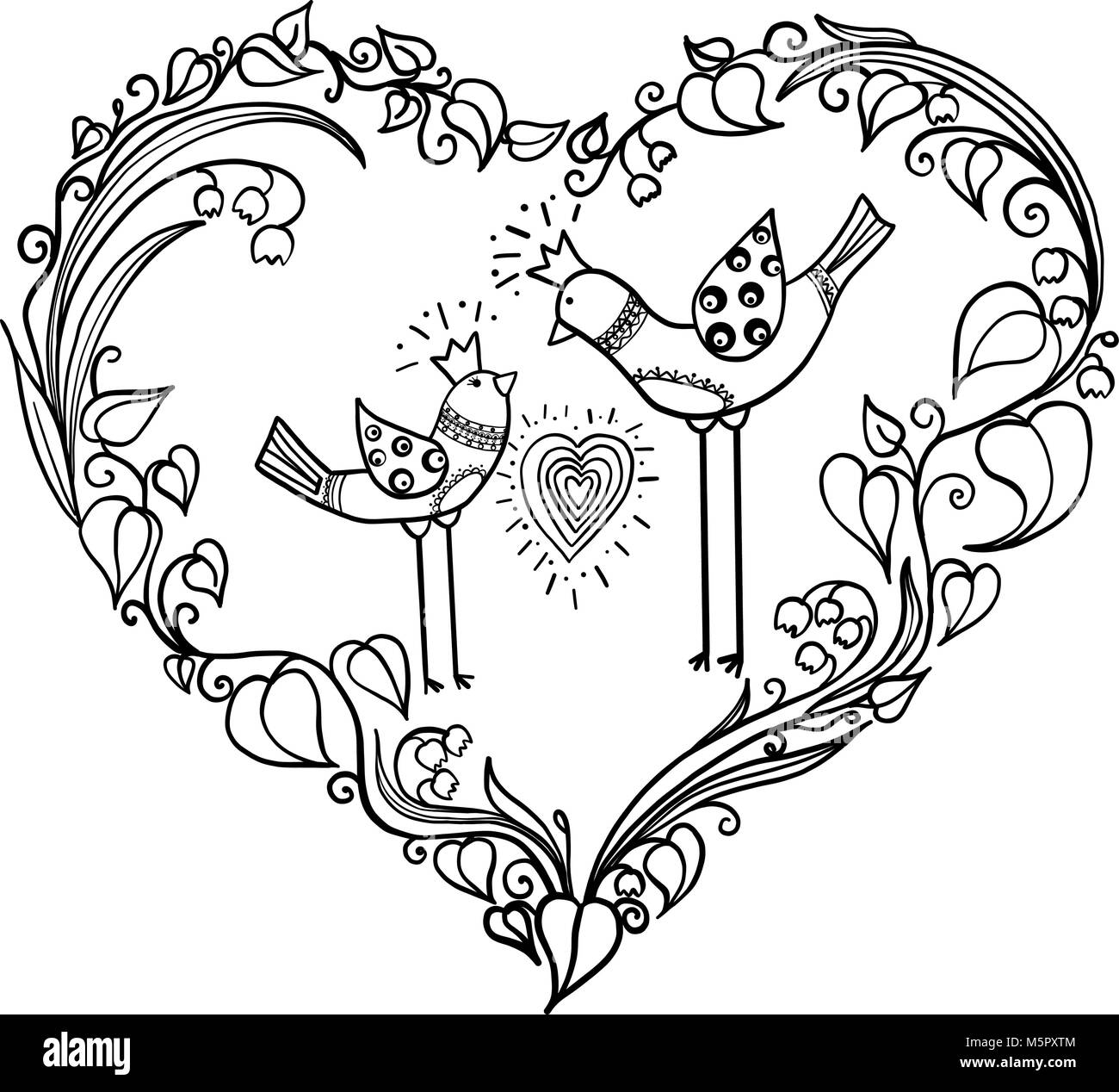 Two love birds with heart floral ornament. Love print concept. monochrome Vector EPS 10 illustration. Stock Vector