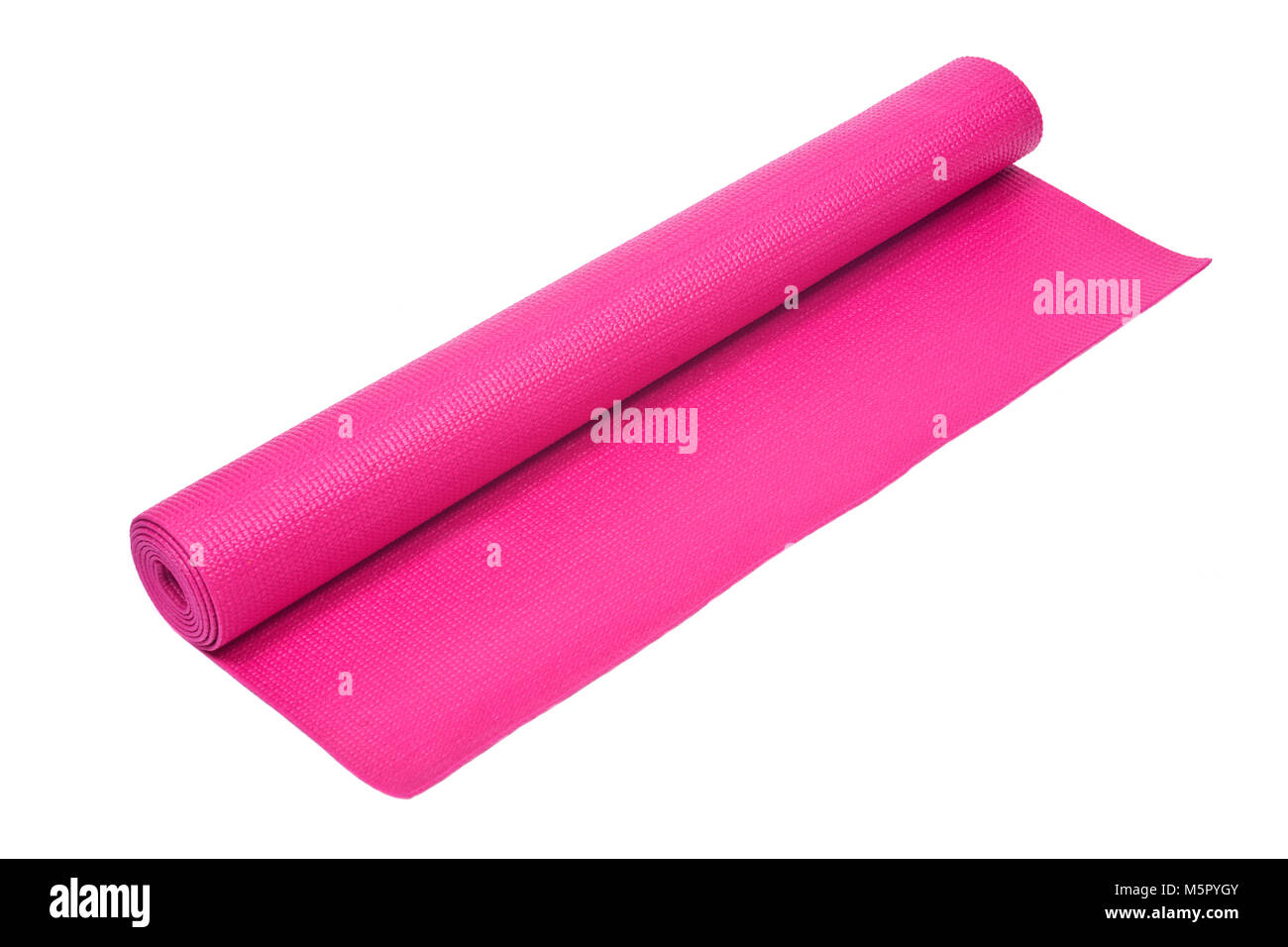 Pink foam yoga and pilates mat isolated on white background Stock Photo