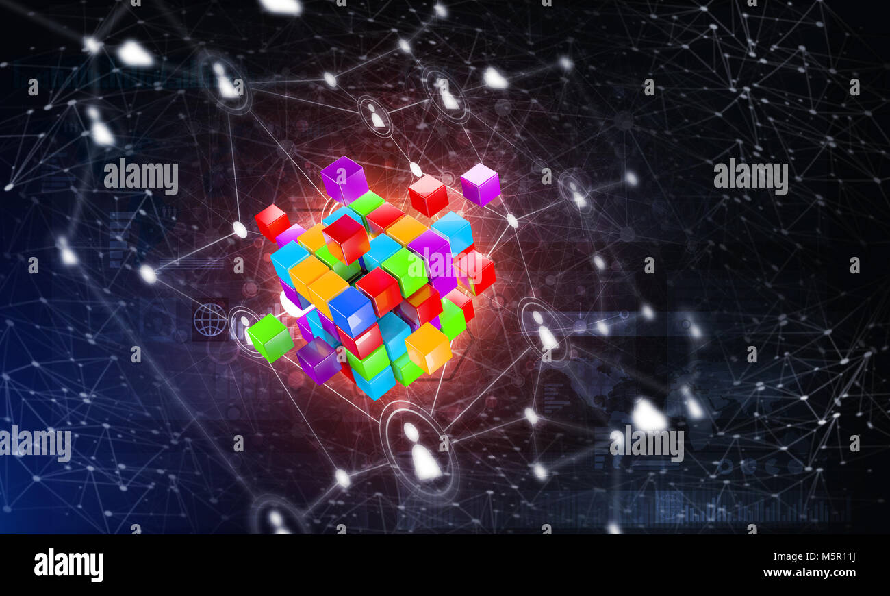 Concept of Internet and networking with digital cube figure on dark ...