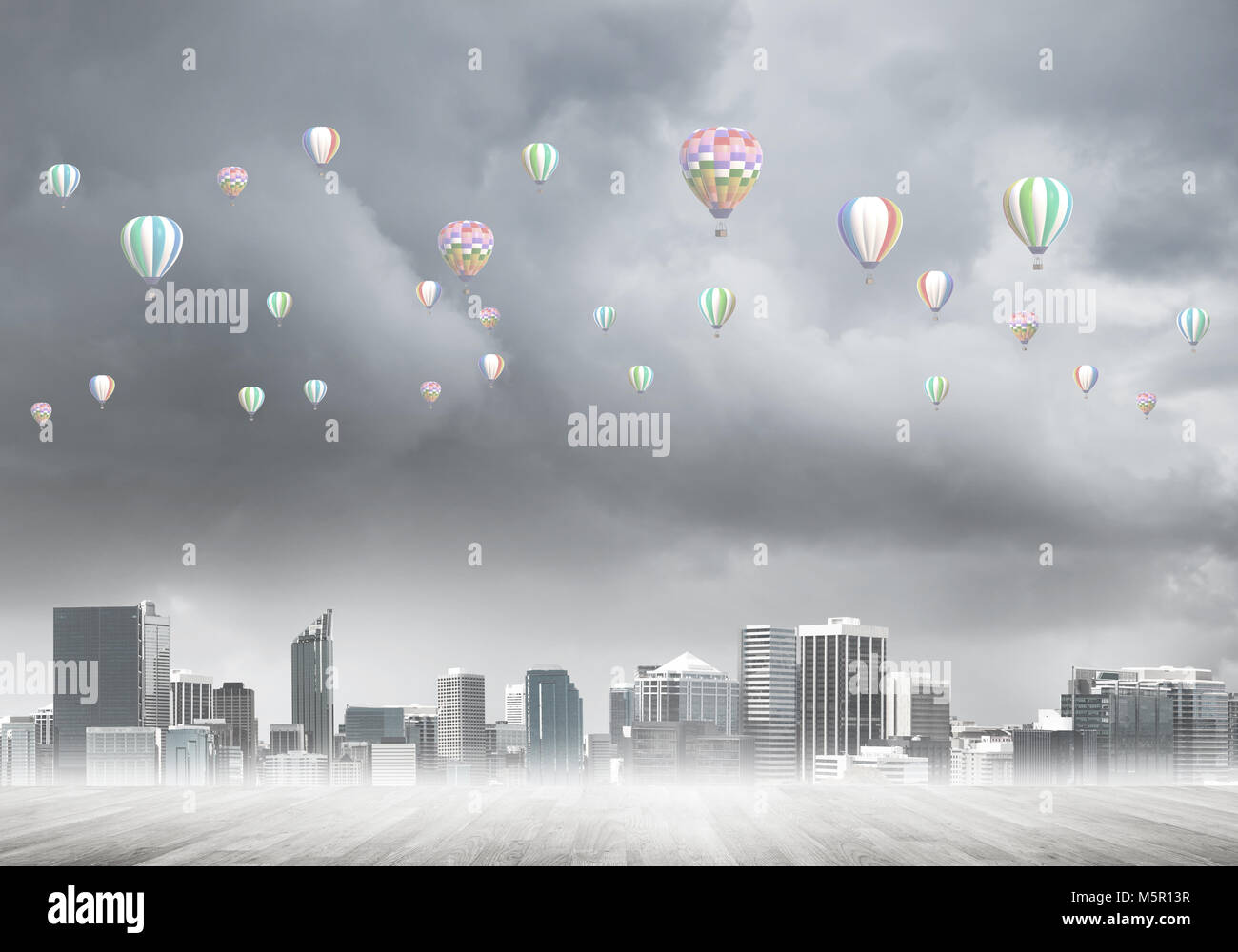 Concept of air pollution concept with aerostats flying above city Stock ...