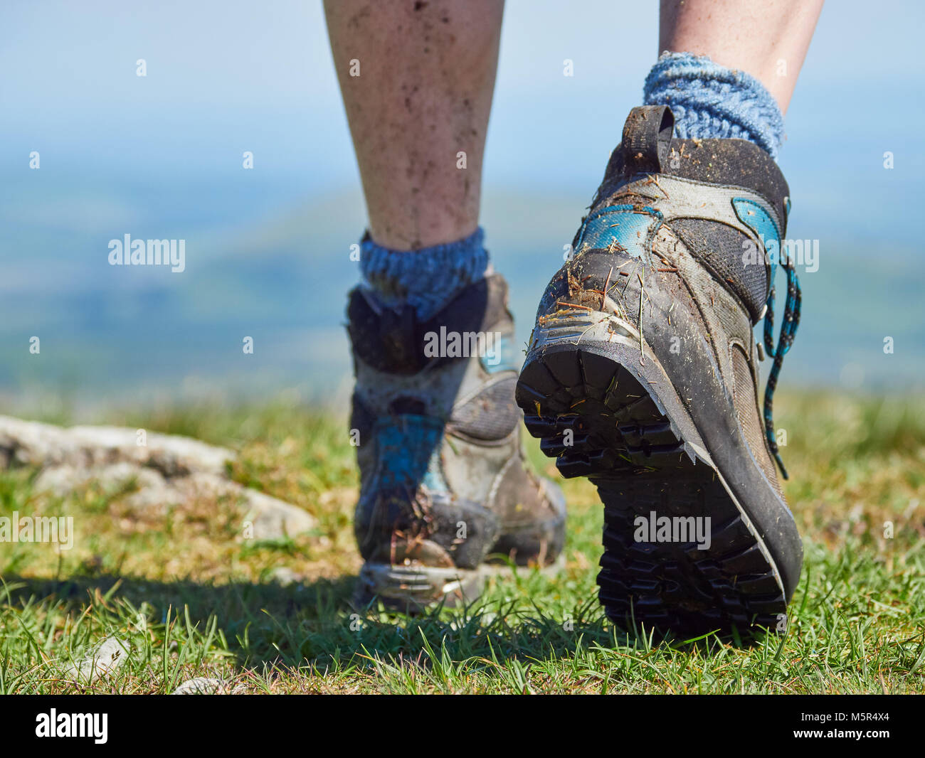A close up of a female hikers muddy walking boots on a bright sunny day Stock Photo