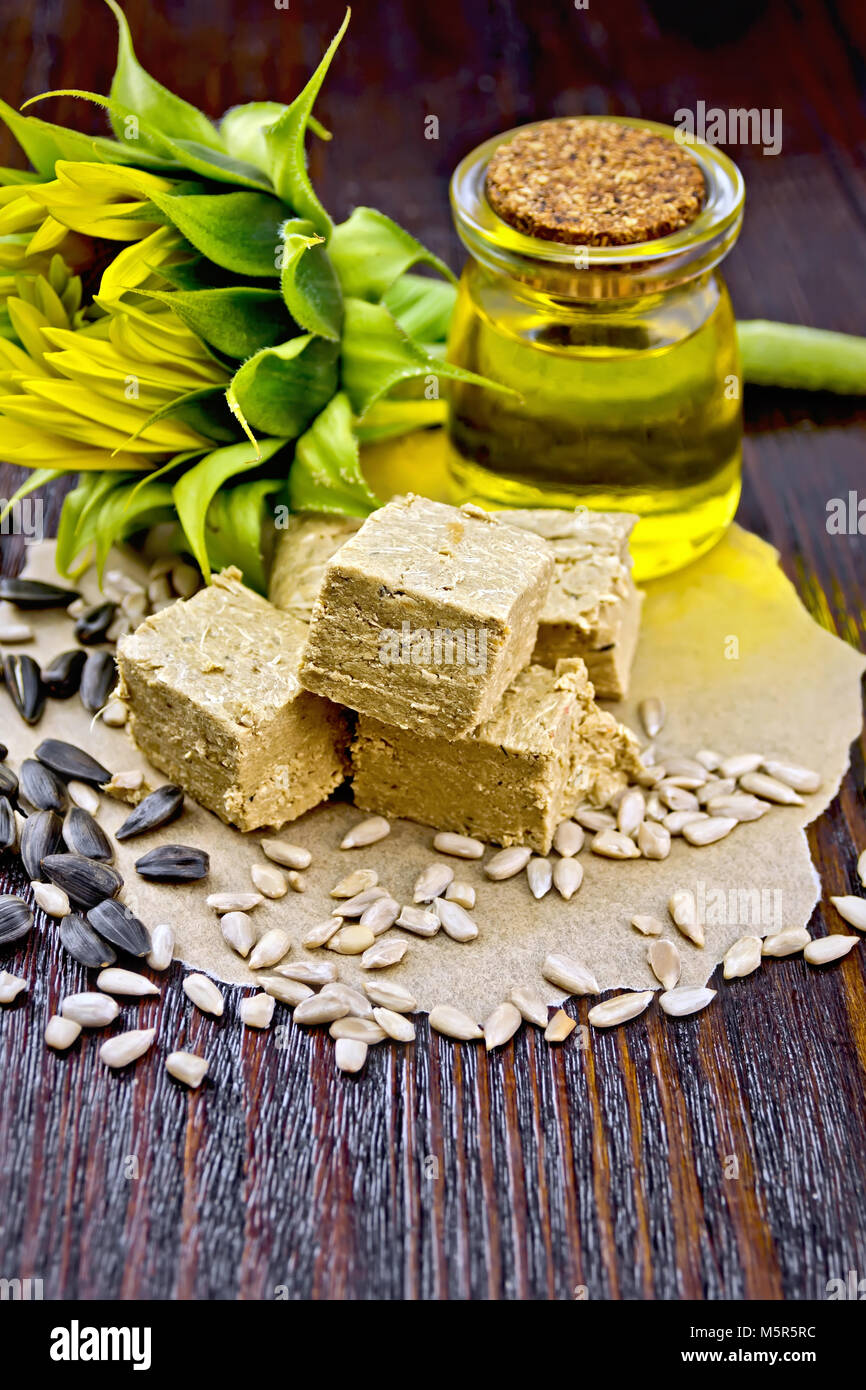 Eastern sweetness halva sunflower on paper, sunflower seeds, oil and