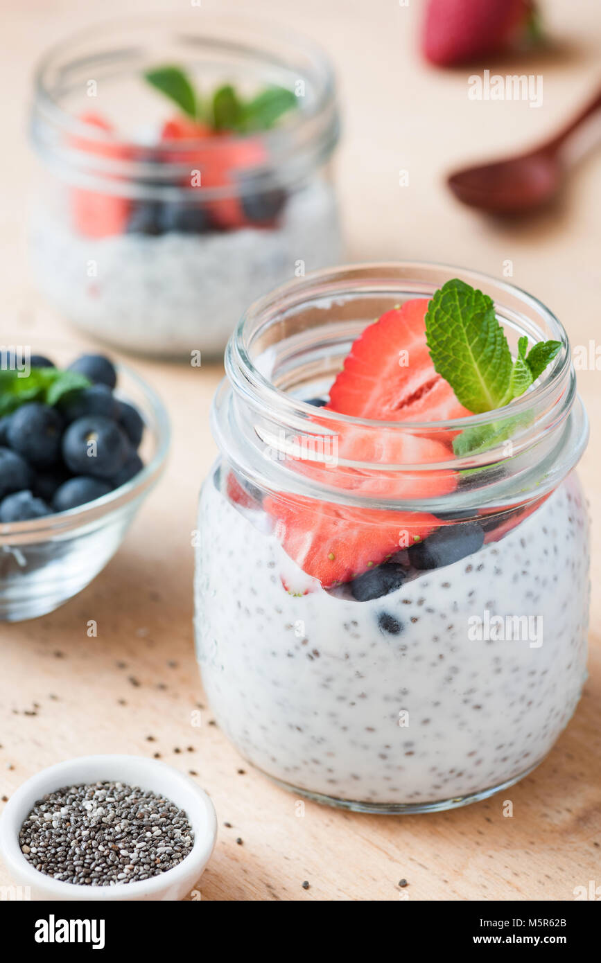 Healthy Breakfast or Snack Chia Seed Pudding With Fresh Berry Fruits. Closeup view, selective focus Stock Photo