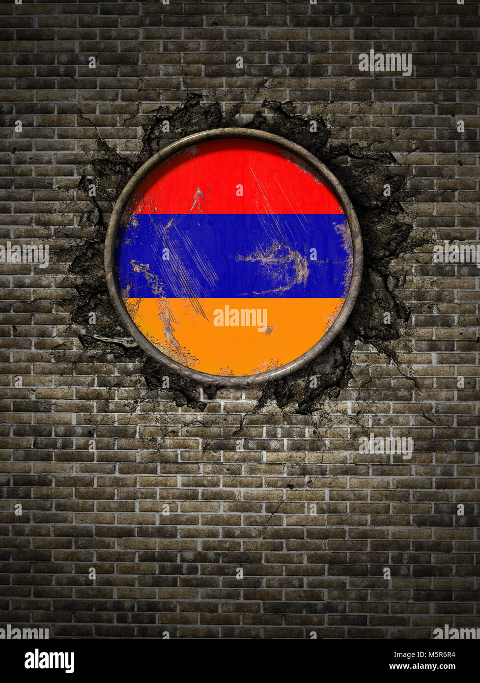 3d rendering of an Armenia flag over a rusty metallic plate embedded on ...