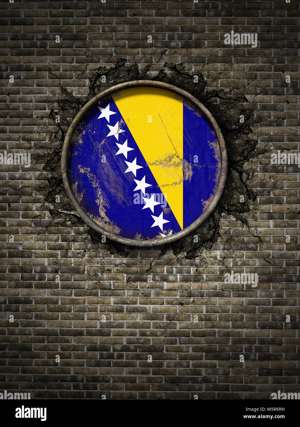3d rendering of a Bosnia and Herzegovina flag over a rusty metallic ...
